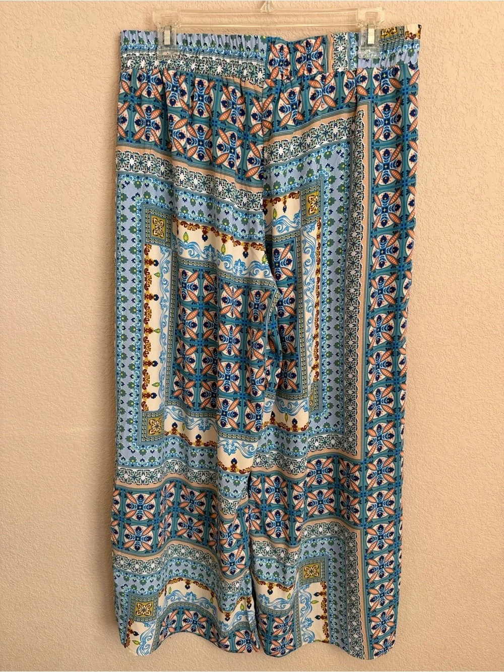 Umgee USA Wide Leg Palazzo Pants L Blue Boho Medallion Tile Print Coastal Flowy - Picture 10 of 14